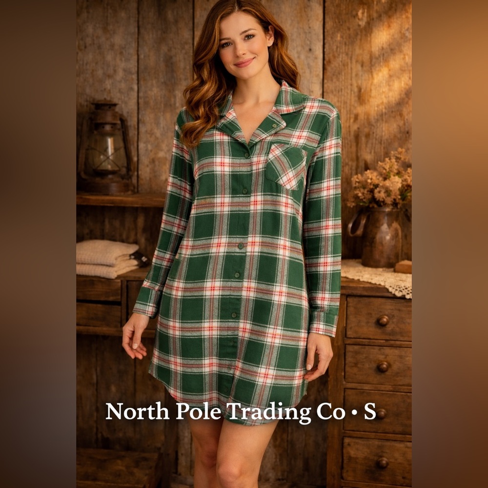 North Pole Trading Co Plaid Brushed Cotton Sleep Shirt Nightgown S